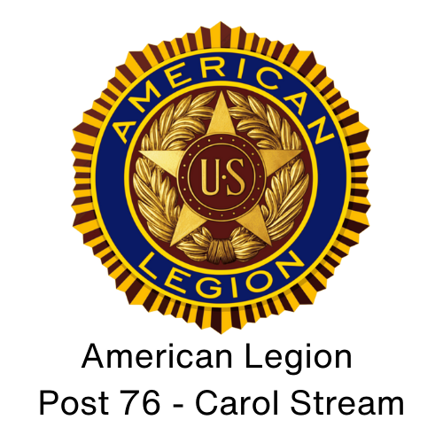 American Legion seal. Text under it reads: American Legion Post 76, Carol Stream