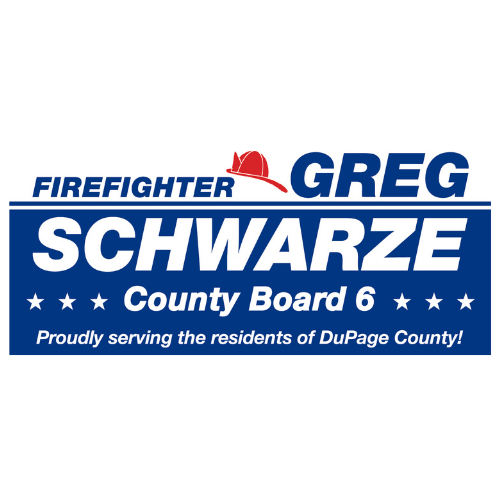 Blue and white logo for Firefighter Greg Schwarze County Board. Proudly serving the residents of DuPage County