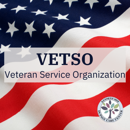 American flag in background. Text on top reads, VETSO, Veteran Service Organization. Logo of DuPage Care Center is at bottom