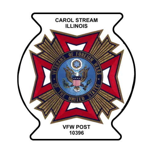 VFW seal with text above and below reading, Carol Stream, Illinois. VFW Post 10396