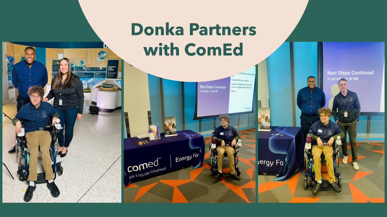 Donka Partners with ComEd. Three photos showing Donka student, Ben Penachio, posing with Carlos from Donka and rep from ComEd