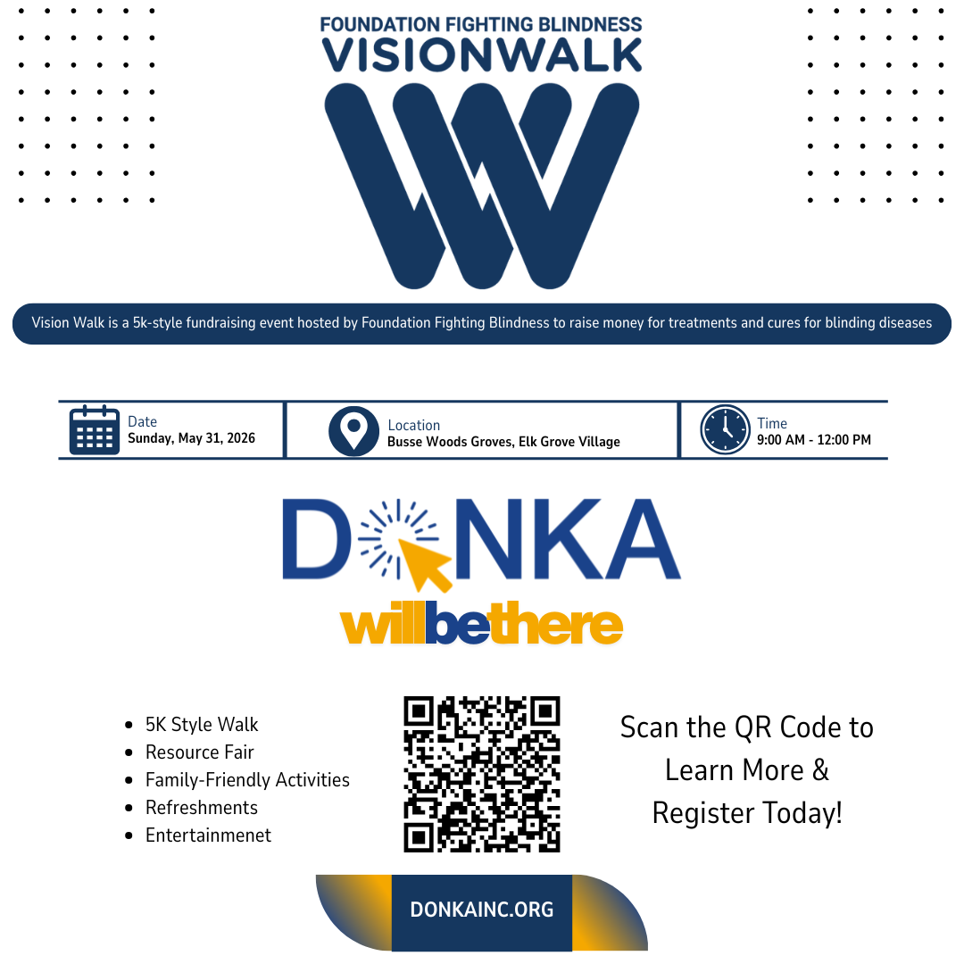 Vision Walk and Donka logos with QR code to help support