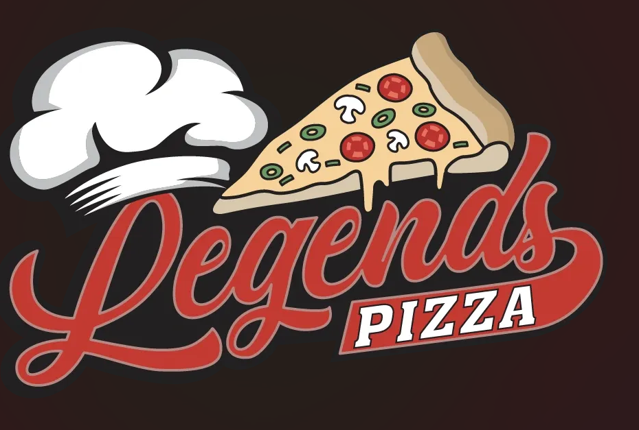 Legends Pizza logo with pizza slice and chef hat