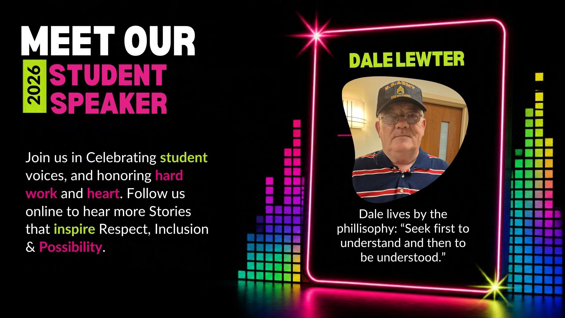 slide showing student speaker, Dale